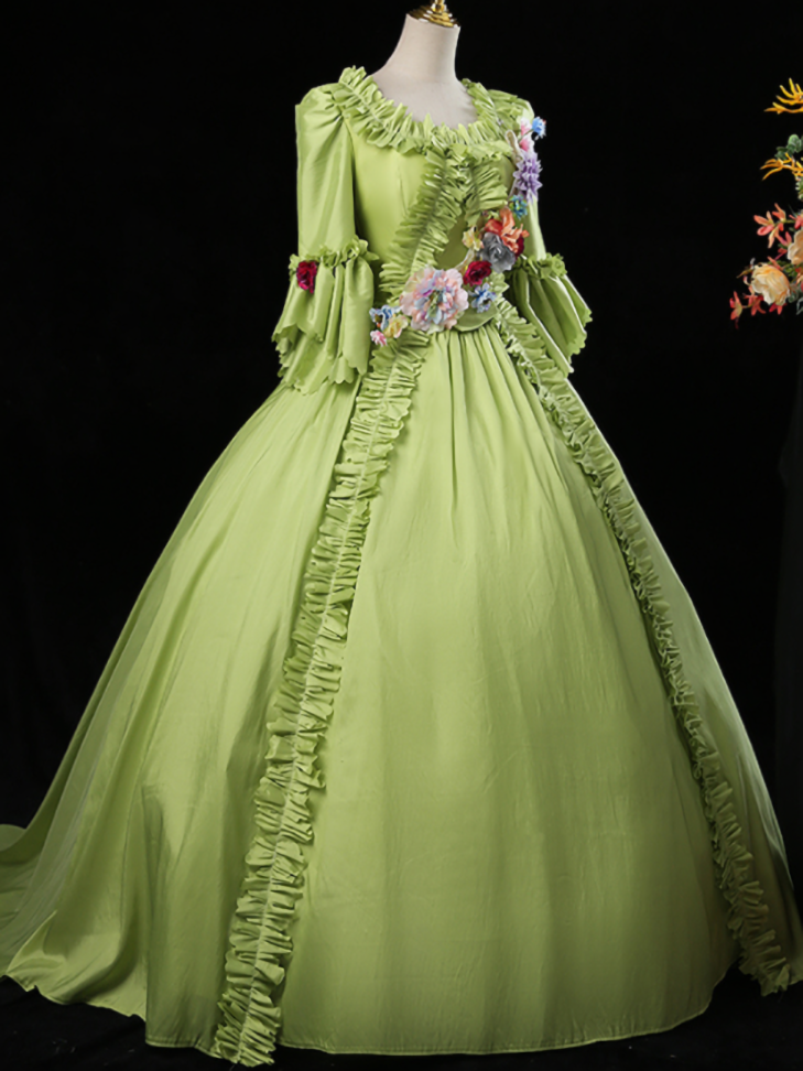 Green Short Sleeve 3D Flower Rococo Victorian Vintage Dress