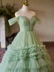 Green Sweetheart Tulle Off Shoulder Layers Long Formal Dress, Green Sweet 16 Dress