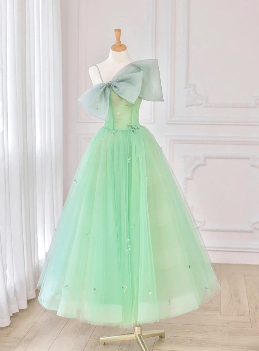 Green Tulle Appliques Beading Prom Dress