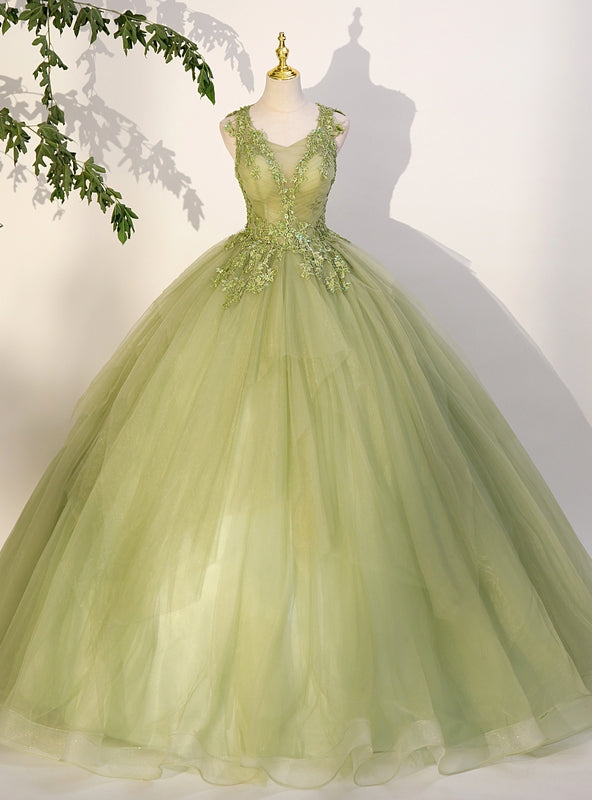 Green Tulle Appliques Beading Quinceanera Dress