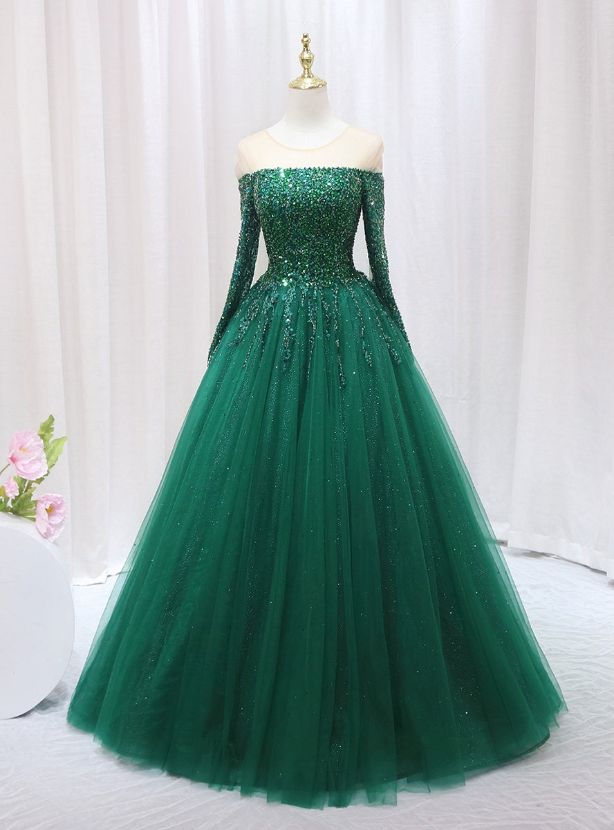 Green Tulle LOng Sleeve Beading Sequins Prom Dress