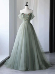 Green Tulle Off the Shoulder Prom Dress