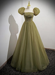 Green Tulle Puff Sleeve Pleats Prom Dress