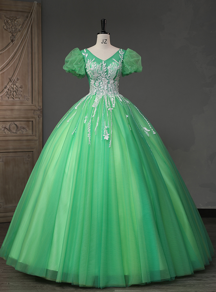 Green Tulle Puff Sleeve Sequins Beading Quinceanera Dress