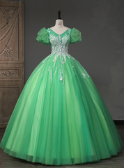 Green Tulle Puff Sleeve Sequins Beading Quinceanera Dress