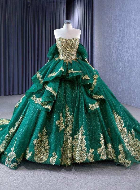 Green Tulle Sequins Appliques Strapless Pearls Prom Dress