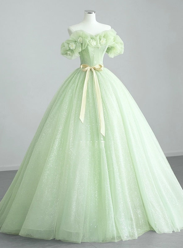 Green Tulle Sequins Off the Shoulder Flower Prom Dress