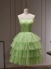 Green Tulle Sequins Straps Homecoming Dress