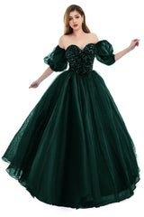 Green Tulle Sequins Sweetheart Prom Dresses Spaghetti Straps Evening Quinceanera Dresses