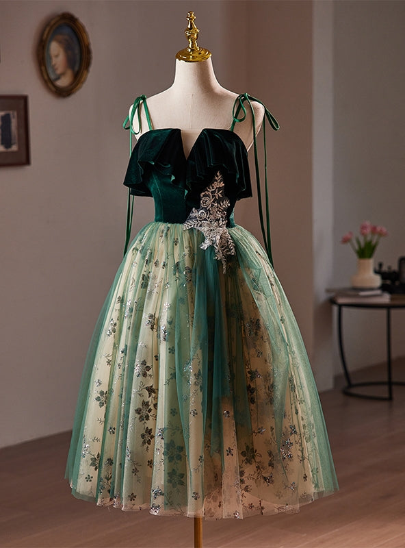 Green Tulle Sequins Velvet Straps Homecoming Dress