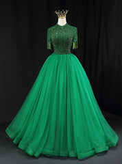 Green Tulle Short Sleeve High Neck Beading Prom Dress