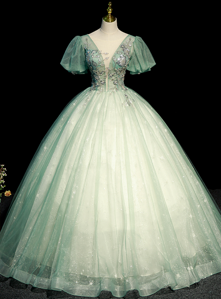 Green Tulle Short Sleeve Sequins Beading Quinceanera Dress