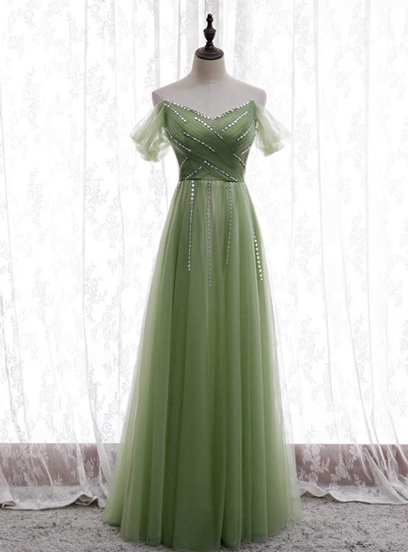 Green Tulle Strapless Pleats Beading Prom Dress