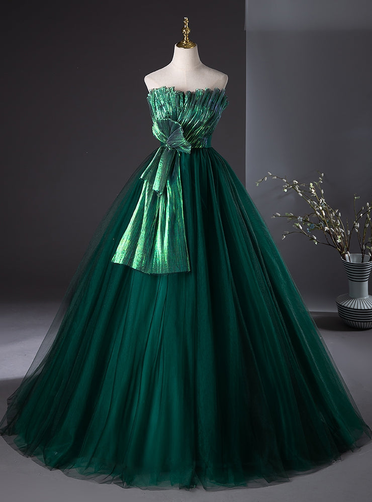 Green Tulle Strapless Pleats Prom Dress