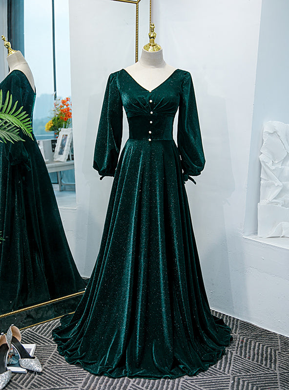 Green V-neck Long Sleeve Pearls Prom Dress