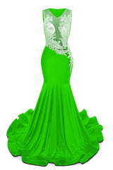 Green V-Neck Sheer Corset Prom Dresses Beaded Mermaid Long Train Evening Gowns