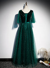 Green V-neckline Shiny Tulle Long Wedding Party Dresses Green Formal Dresses prom dresses shops