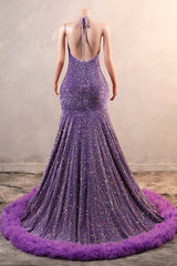 Halter Purple Prom Dresses Sequin Long Evening Dresses with Fringe