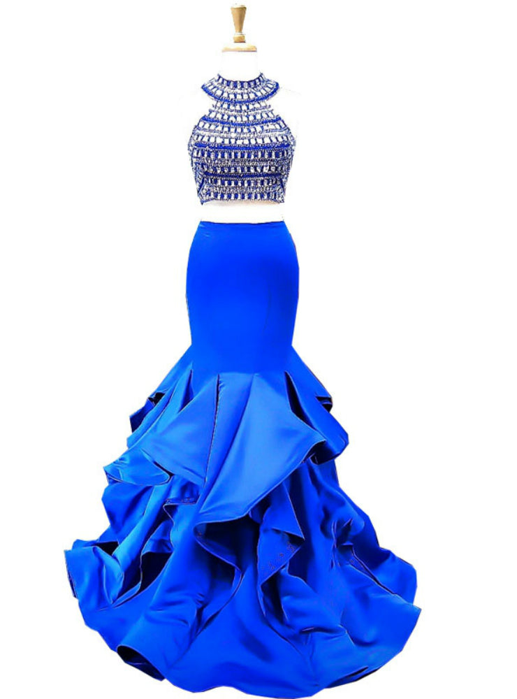 High Neck Sleeveless Beaded Crystals Royal Blue Mermaid Two Piece Prom Dresses