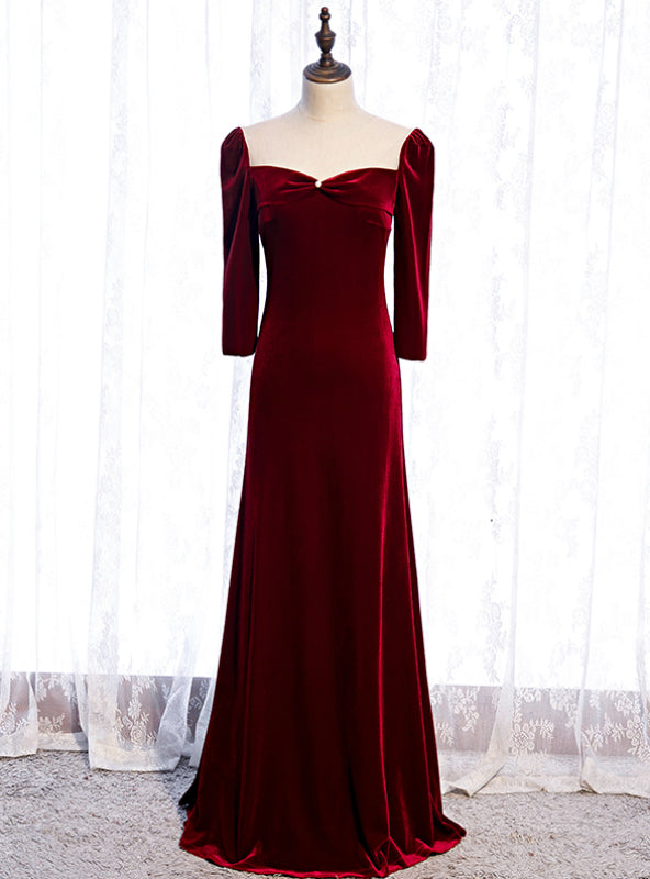 High quality Burgundy Velvet Long Sleeve Prom Dress