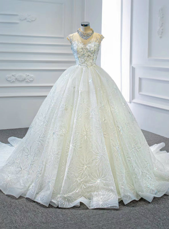 High Quality White Ball Gown Tulle High Neck Backless Beading Sequins Wedding Dress