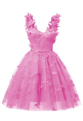 Hot Pink 3D Butterfly Lace Applique Tulle Homecoming Dress for Teens Sweetheart Mini Short Prom Dresses