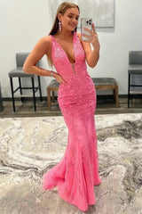 Hot Pink Mermaid Plunge V Neck Lace Prom Dress