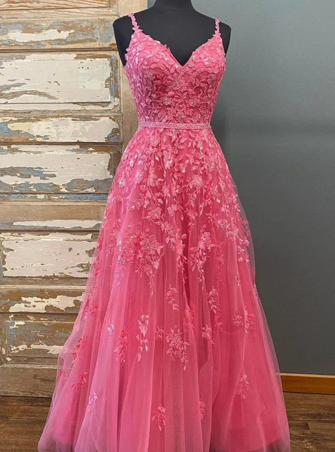 Hot Pink Tulle Beading Spaghetti Straps Prom Dress