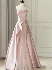 Pink Sleeveless Satin A-Line Floor-Length Prom Dress Slit with Tulle Strapless