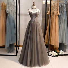 A-Line Prom Dresses Open Back Dress Formal Wedding Party Floor Length Sleeveless Spaghetti Strap Tulle with Pleats