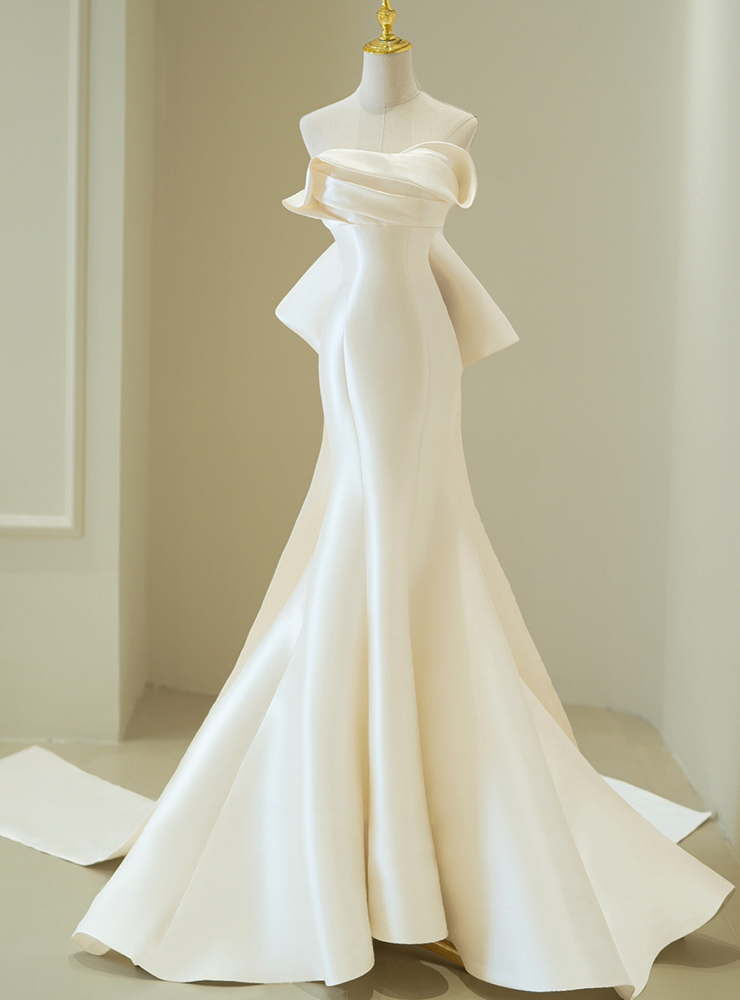 Ivory Satin Strapless Pleats Bow Wedding Dress