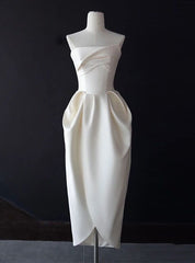 Ivory Satin Strapless Pleats Short Wedding Dress