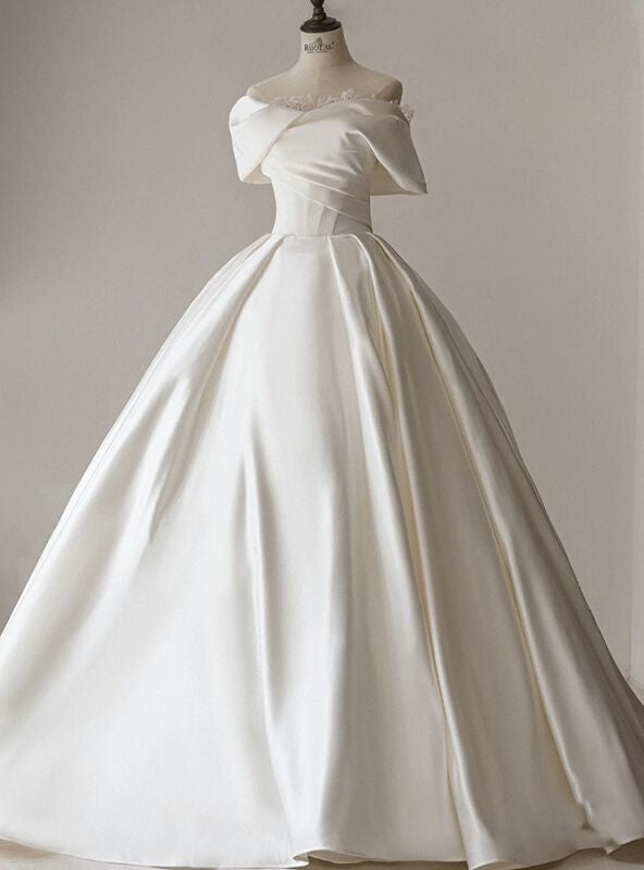 Ivory White Satin Off the Shoulder Wedding Dress