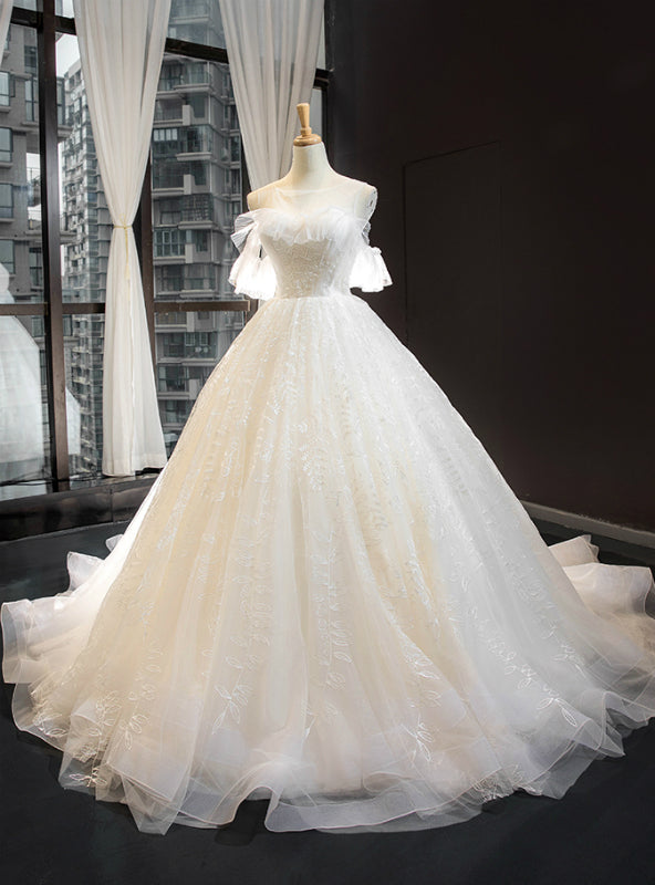 Ivory White Tulle Backless Appliques Wedding Dress With Train