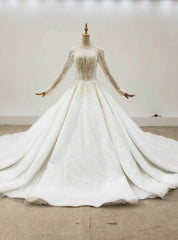 Ivory White Tulle Long Sleeve Handwork Pearls Wedding Dress