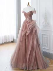 Pink A Line Off Shoulder Long Prom Dress Lace Party Dress