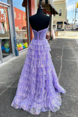 Lavender Glitter Tulle Corset Ruffle Tiered Long Prom Dress with Slit