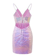 Lavender Lace-Up Plunging V Neck Sequins Sheath Homecoming Dress With Split Front Short Prom Dresses