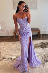 Lavender Strapless Lace Ruched Mermaid Prom Dress with Slit