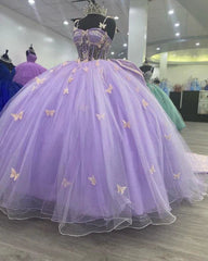 Lavender Tulle Ball Gown Sweetheart Quinceanera Dress With Butterflies