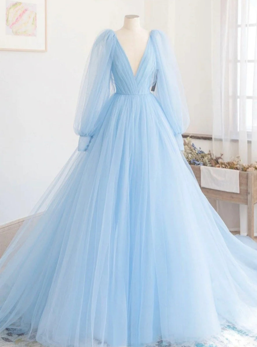 Light Blue Tulle Deep V-neck Long Sleeve Prom Dress