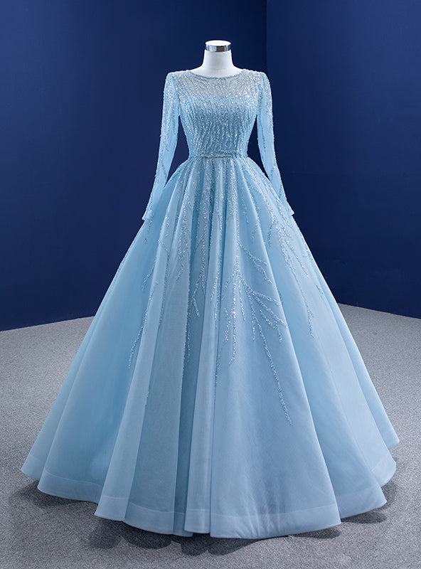 Light Blue Tulle Long Sleeve Sequins Prom Dress