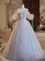 Light Blue Tulle Off the Shoulder Pleats Prom Dress