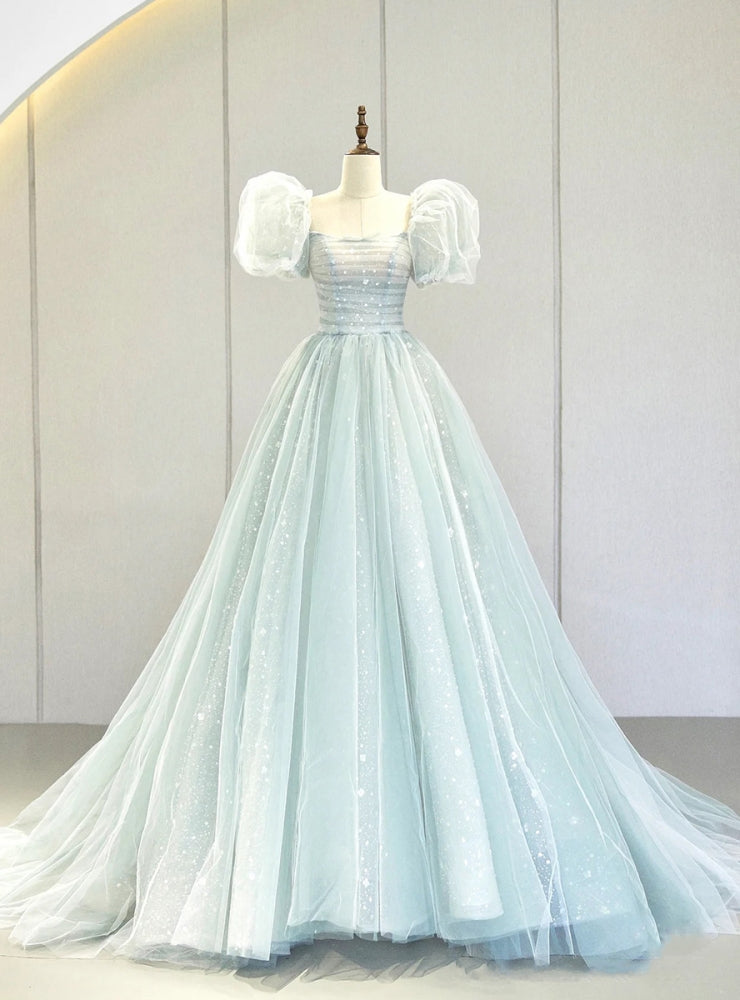 Light Blue Tulle Sequins Puff Sleeve Prom Dress