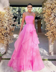 Light Pink A Line Strapless Organza Prom Dress