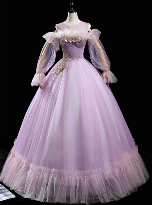 Light Purple Tulle Long Sleeve Appliques Pleats Feather Quinceanera Dress