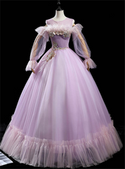 Light Purple Tulle Long Sleeve Appliques Pleats Feather Quinceanera Dress