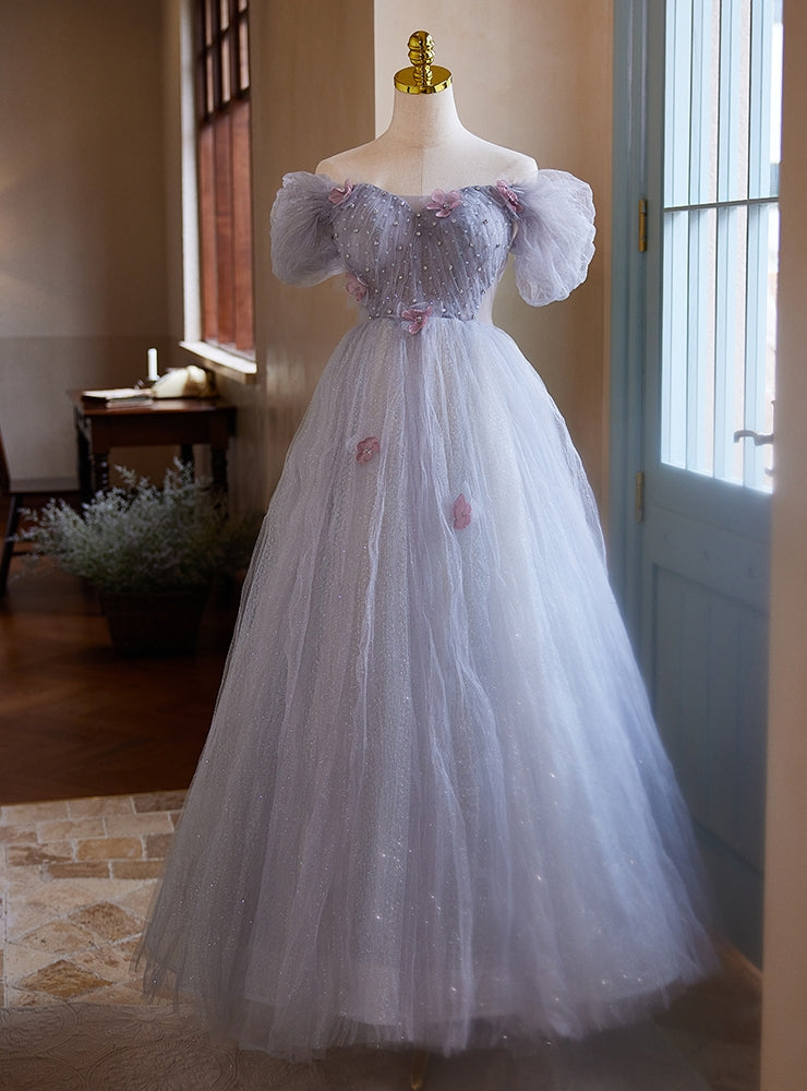 Light Purple Tulle Off the Shoulder Pleats Prom Dress