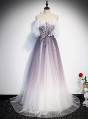 Light Purple Tulle Spaghetti Straps Prom Dress