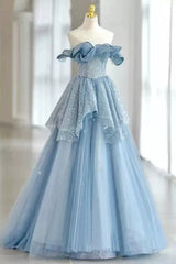 Light Sky Blue Off the Shoulder Tulle Prom Dress, Sparkly Long Party Gown